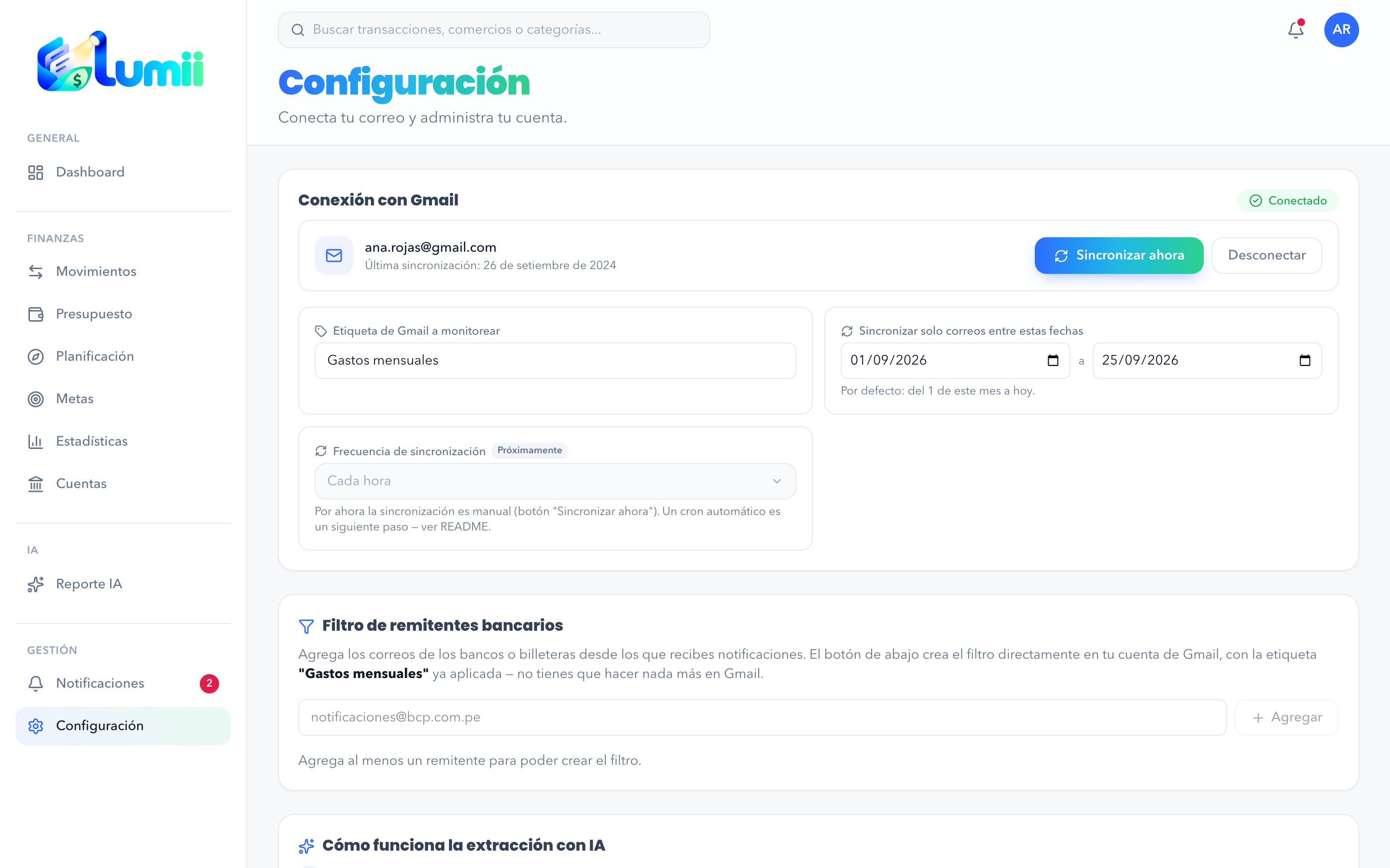 Página de Configuración con la conexión a Gmail y el filtro de remitentes