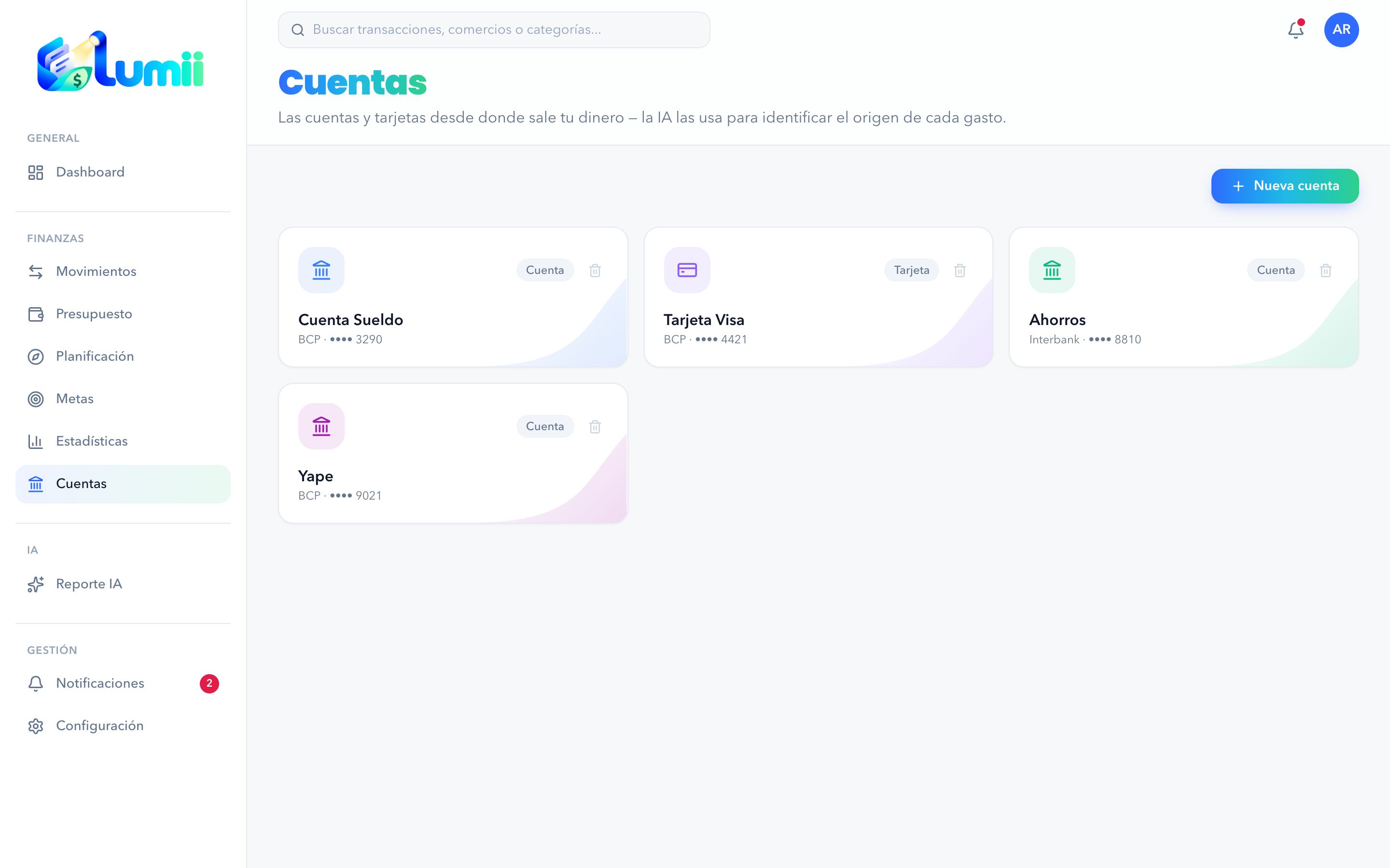 Página de Cuentas con las tarjetas de Cuenta Sueldo, Tarjeta Visa, Ahorros y Yape