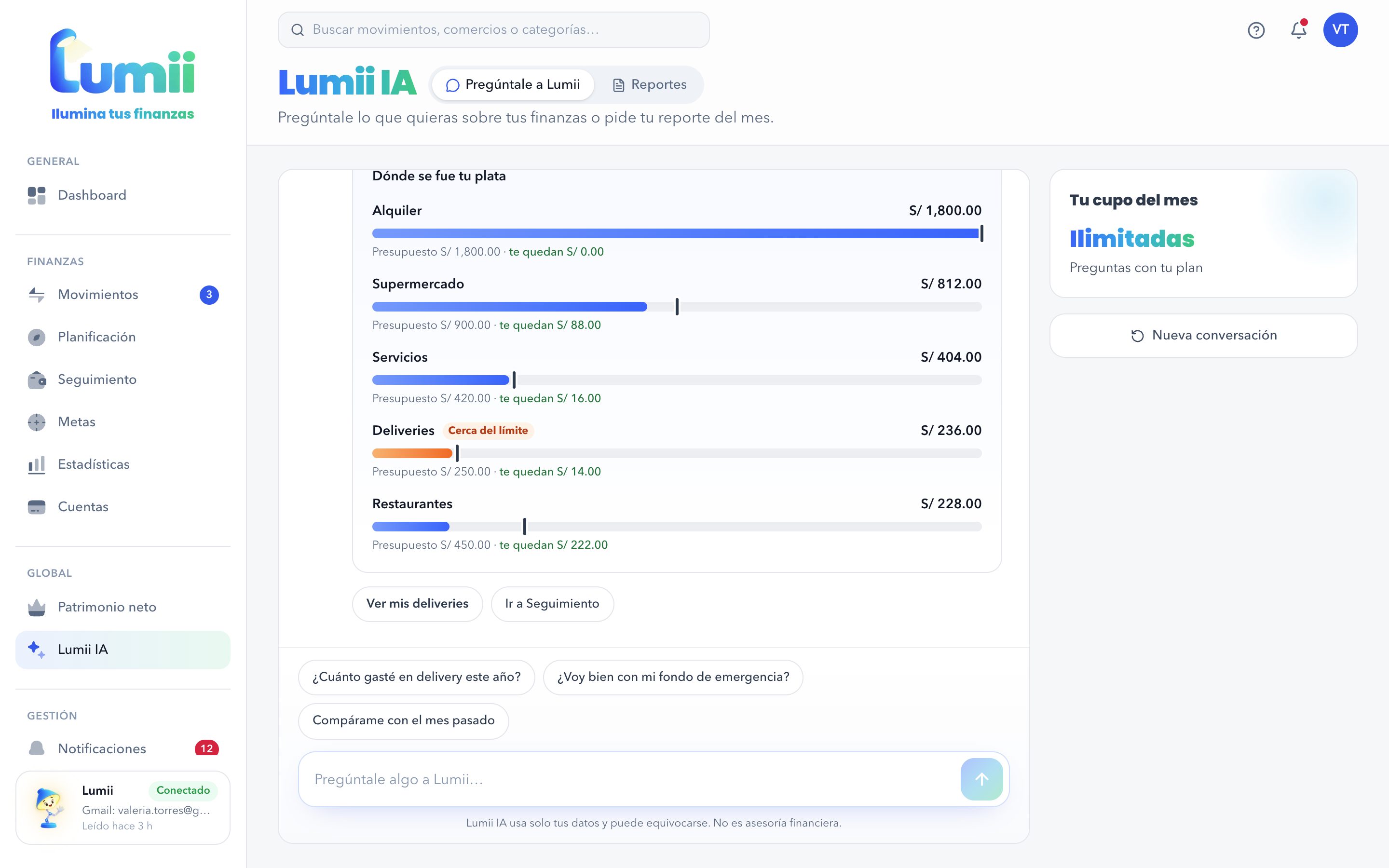 Lumii IA respondiendo cuánto se gastó este mes y en qué categorías
