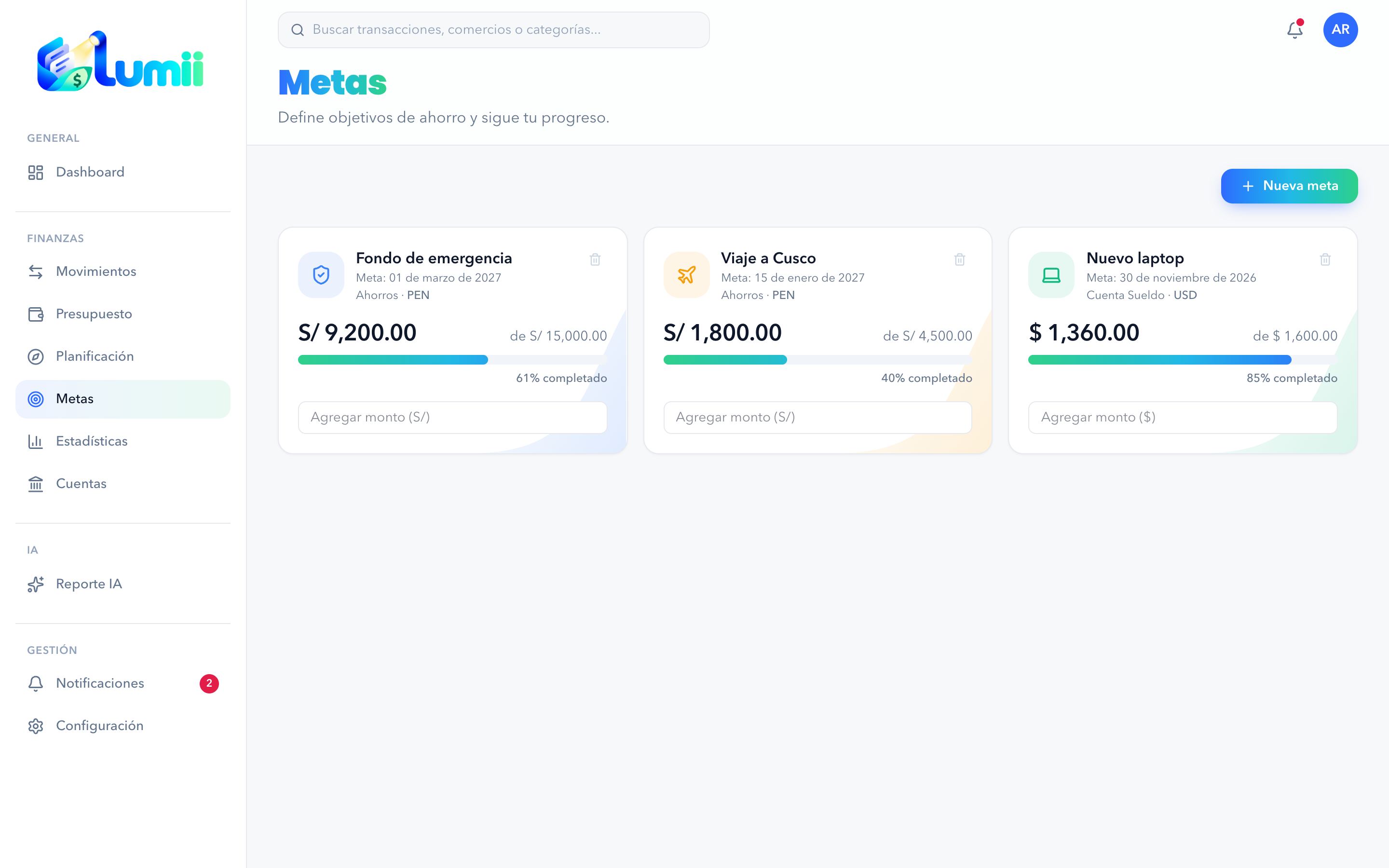 Página de Metas con tres tarjetas: fondo de emergencia, viaje a Cusco y laptop nuevo