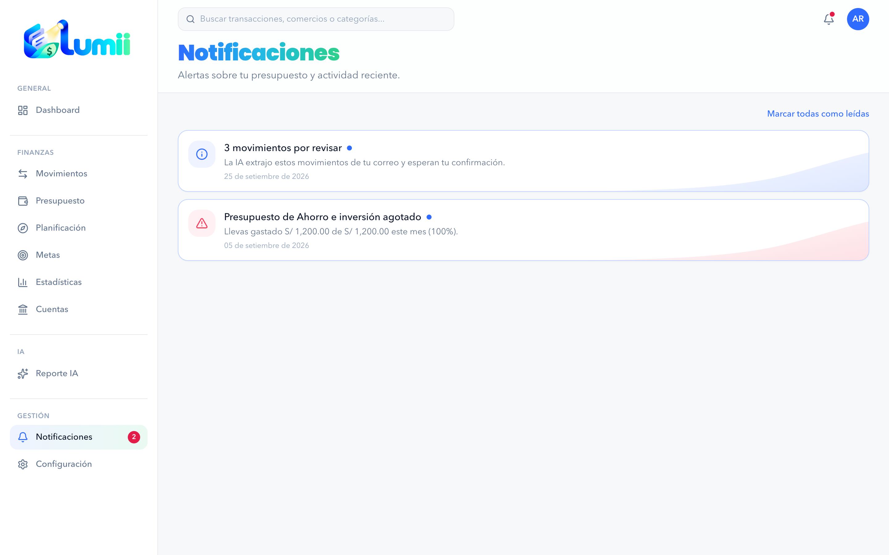 Página de Notificaciones con tres alertas: movimientos por revisar, ahorro bajo y presupuesto agotado