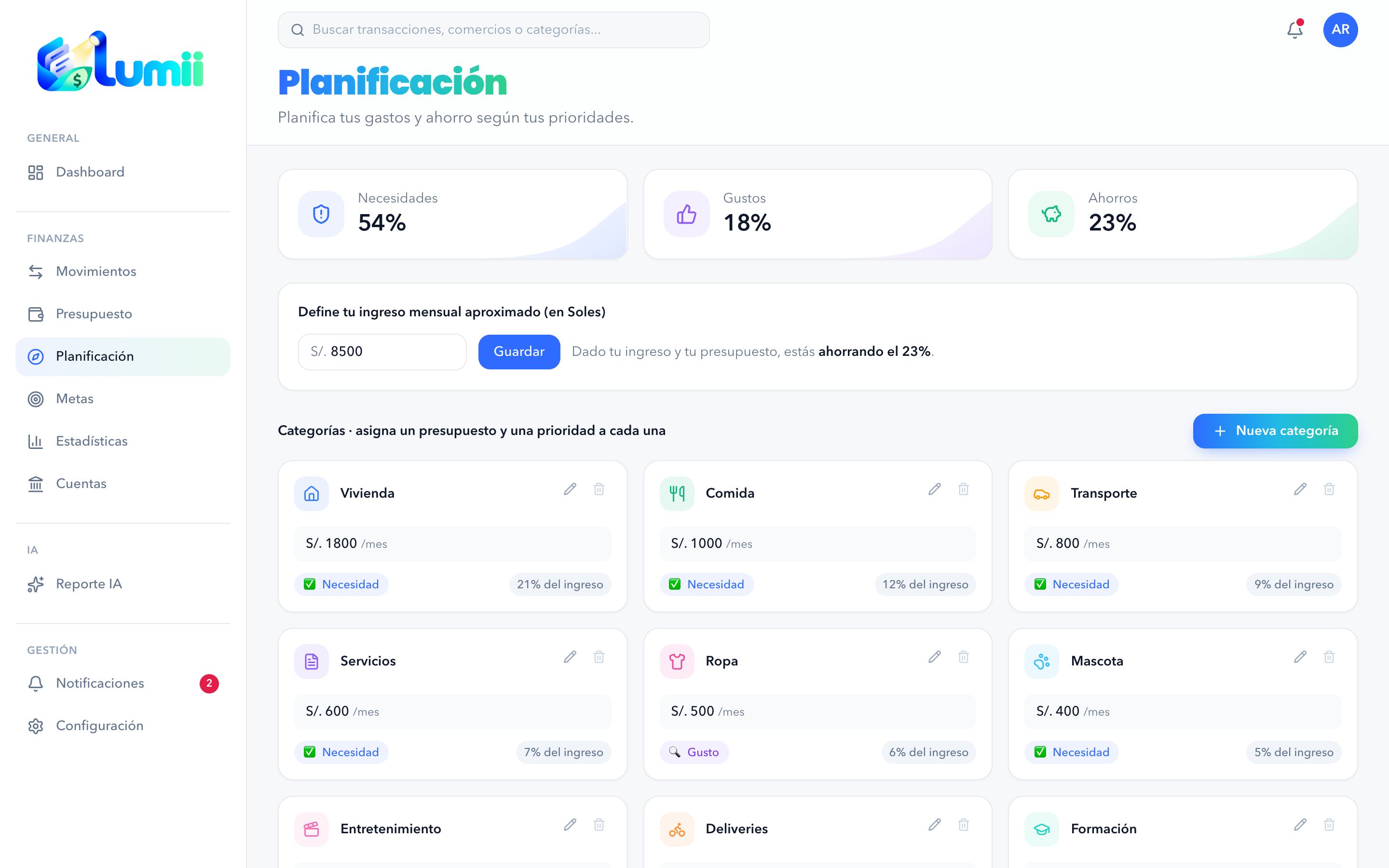 Página de Planificación con el reparto de necesidades, gustos y ahorro, y las tarjetas de categoría