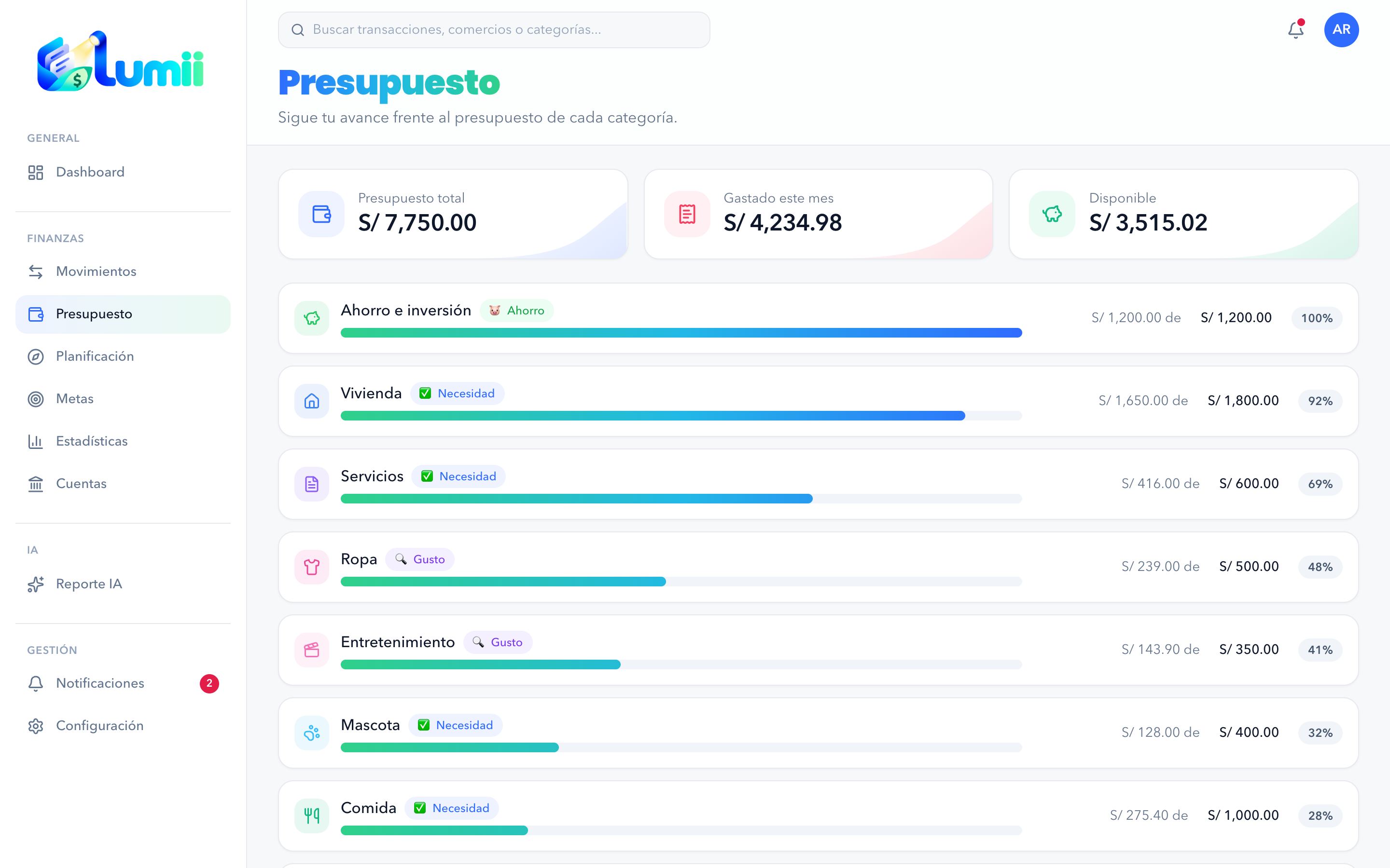 Página de Presupuesto con barras de avance por categoría
