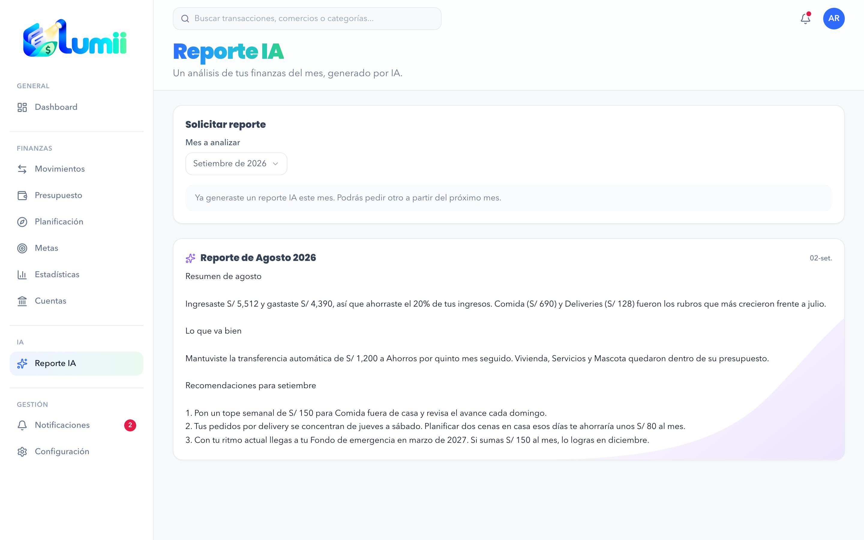 Página de Reporte IA con el resumen de agosto y sus recomendaciones