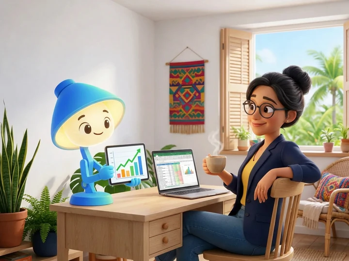 Una mujer profesional, relajada con su café, mientras Lumii le presenta gráficos de sus finanzas junto a su Excel