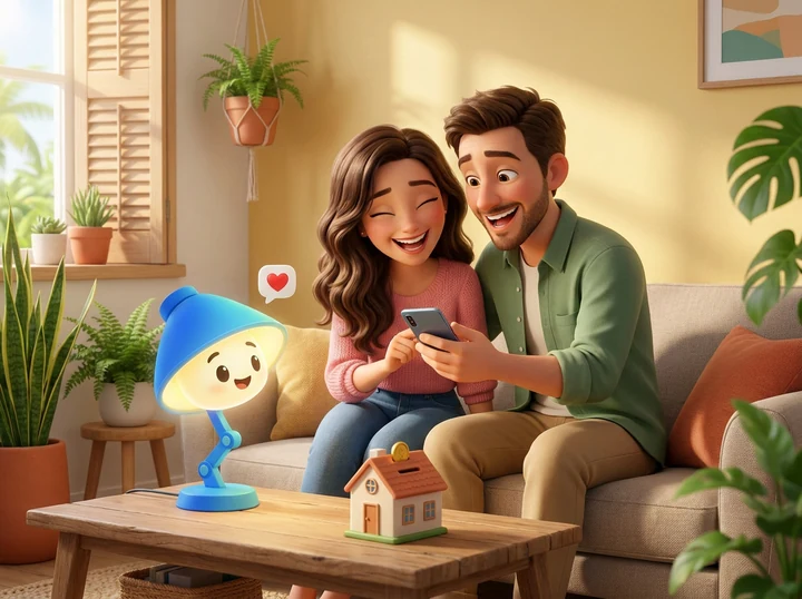 Una pareja se ríe junta mirando sus finanzas en el celular, con Lumii y una alcancía con forma de casa en la mesa